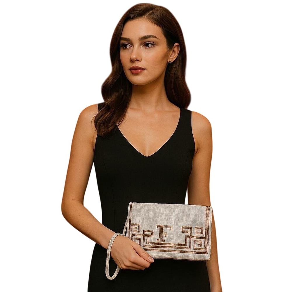 Vintage Moyna Beaded Geometric Pattern Clutch Handbag White‎ Gold Evening Purse